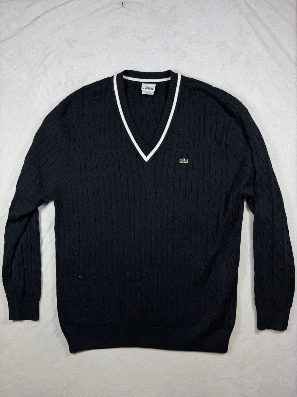 Lacoste Men's FR8 XL Black V-Neck Cable Knit Sweater with White Trim
